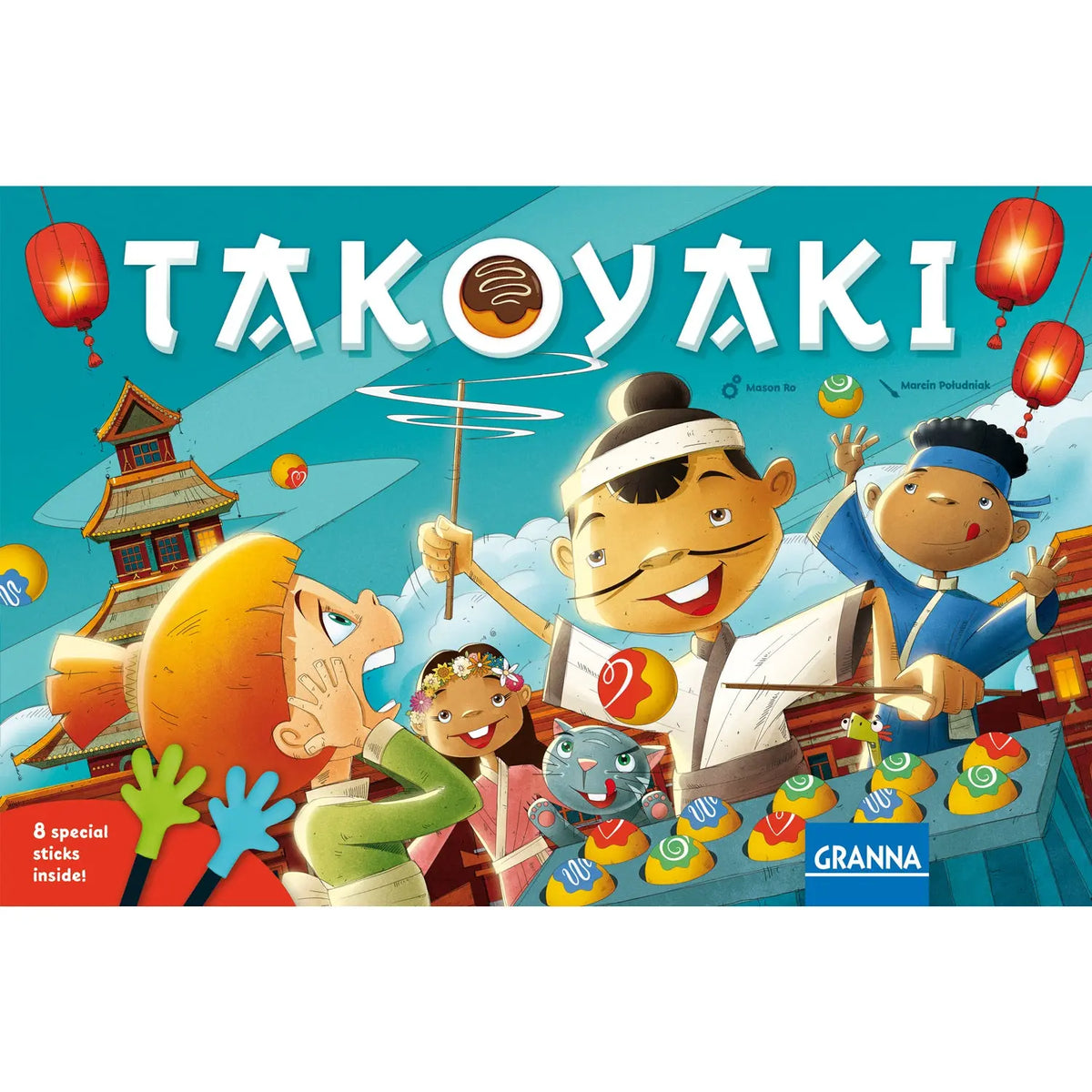 Takoyaki-Spielschachtel mit Figuren am Grill und Feuerlaternen auf blauem Hintergrund