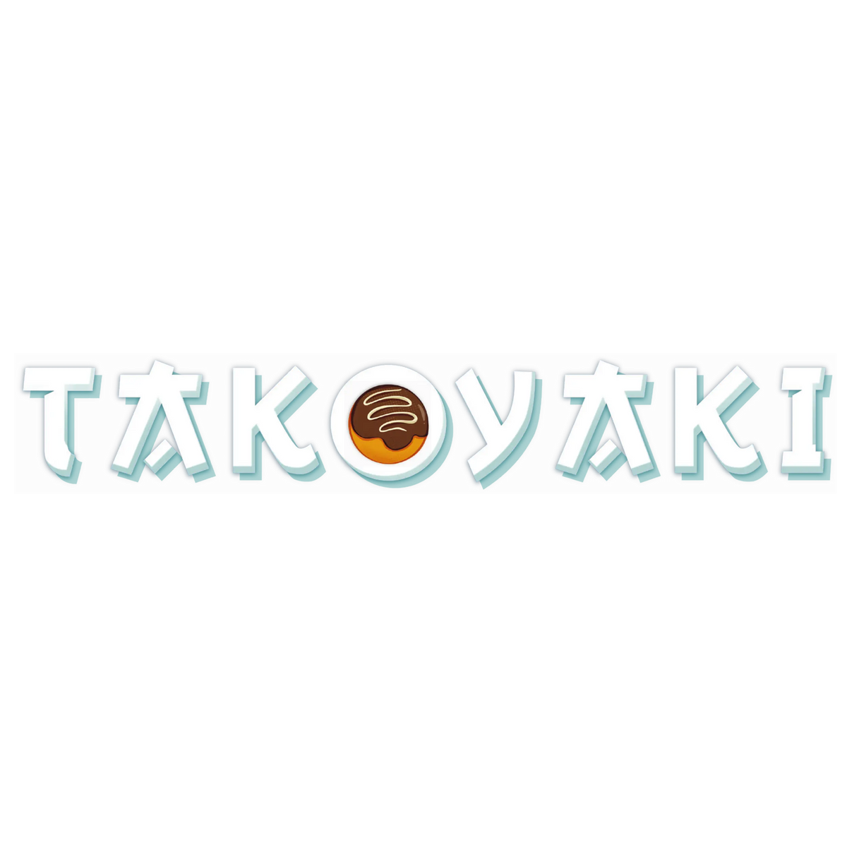 TAKOYAKI-Schriftzug mit Takoyaki-Motiv und Flammen-Icon