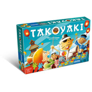 Takoyaki-Spielschachtel mit Figuren am Grill, blau-gelbem Spielmotiv und Flammenlaternen