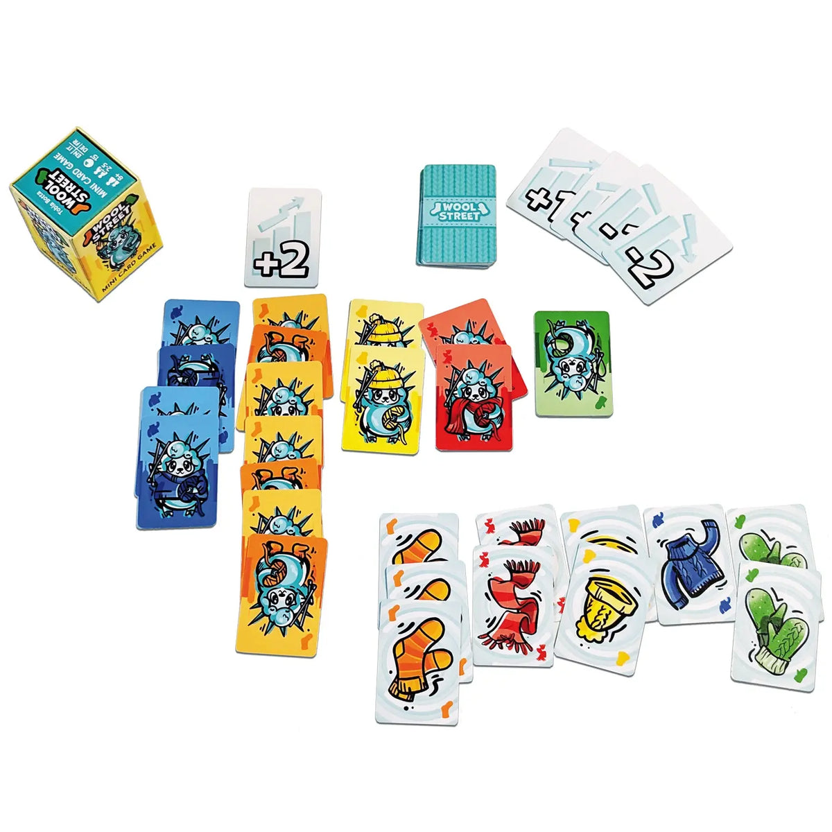 Karten-Set des Kartenspiels mit bunten Panda-Motiven, Kartenstapel und Einzelkarten
