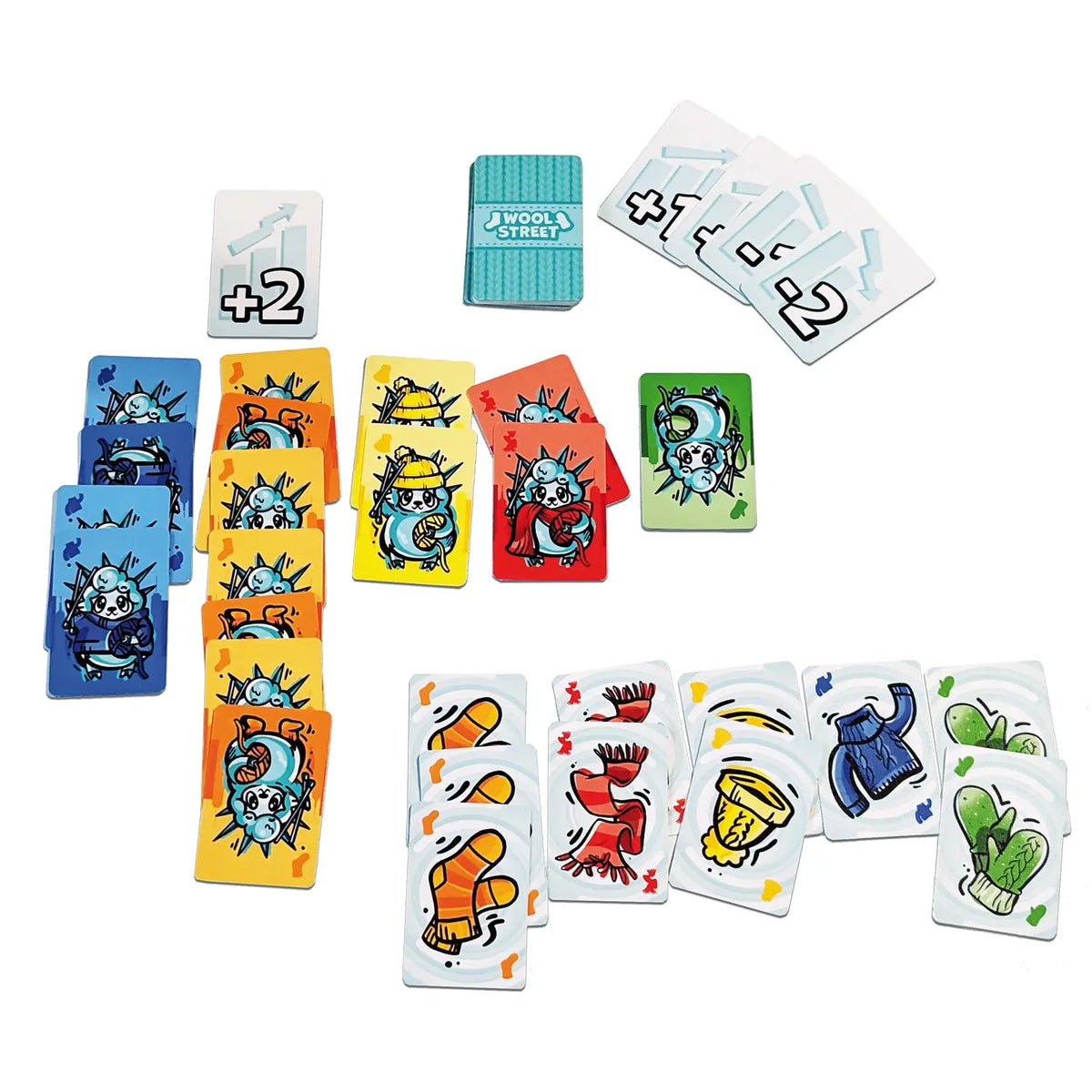Spielkarten und Kartenstapel mit Panda-Motiven sowie „+2“, Zahlenkarten und Platzkarten