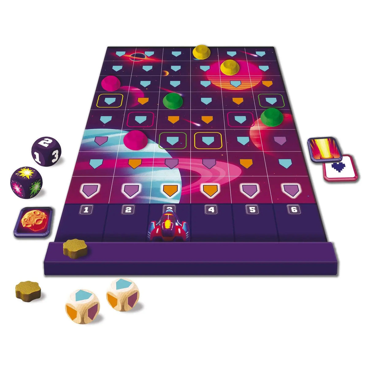 Spielbrett mit bunten Symbolfeldern, Startbereich und Spielsteinen
