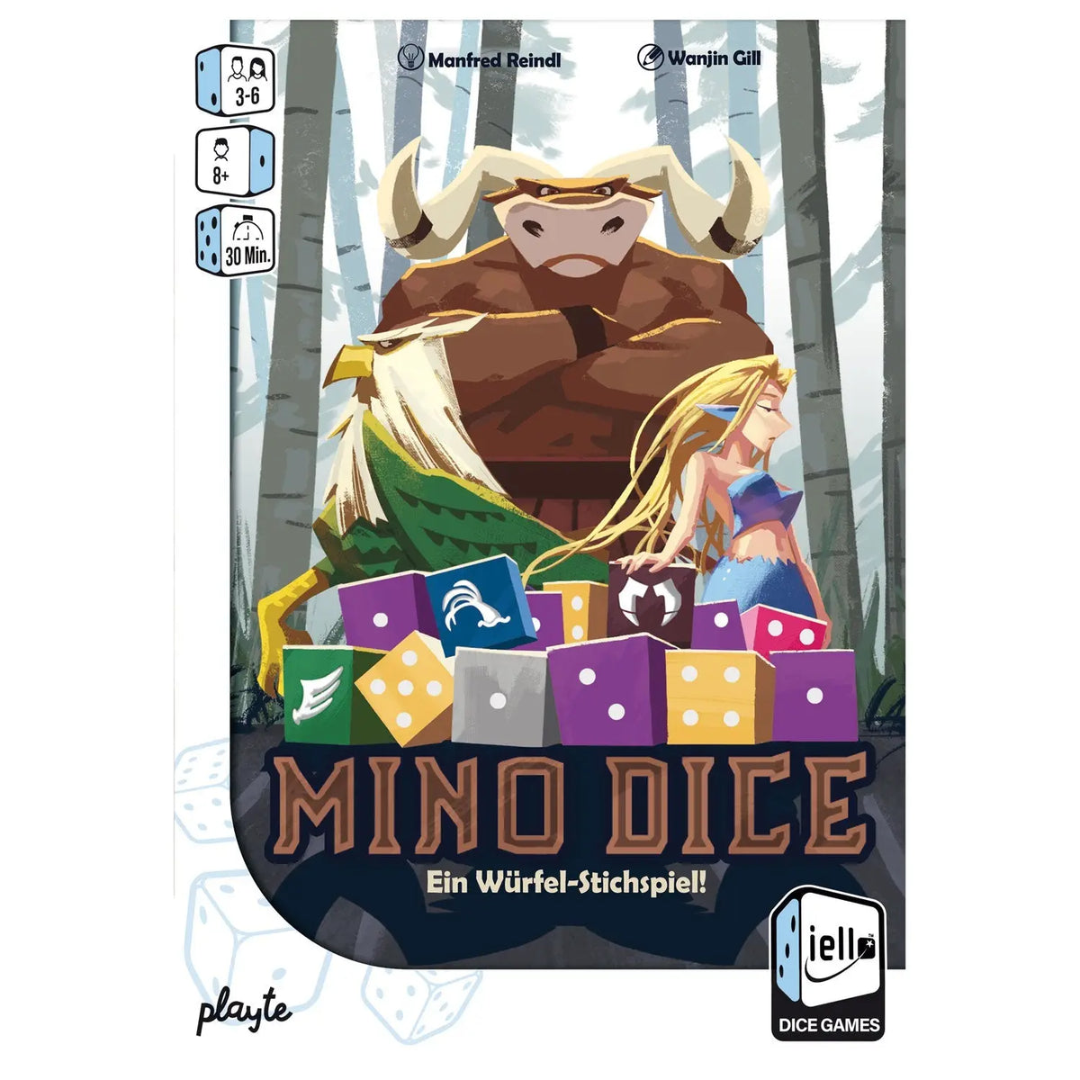 Spielbox-Vorderansicht mit Mino-Figur über bunten Beuteln und Titel „Mino Dice“