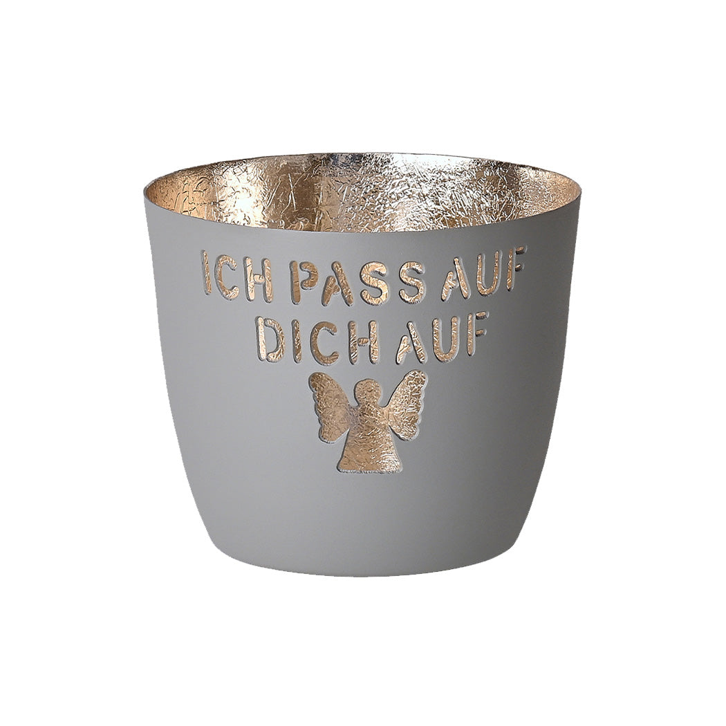 Windlicht, graues Metall mit goldener Innenseite und Aufdruck „Ich passe auf dich auf“