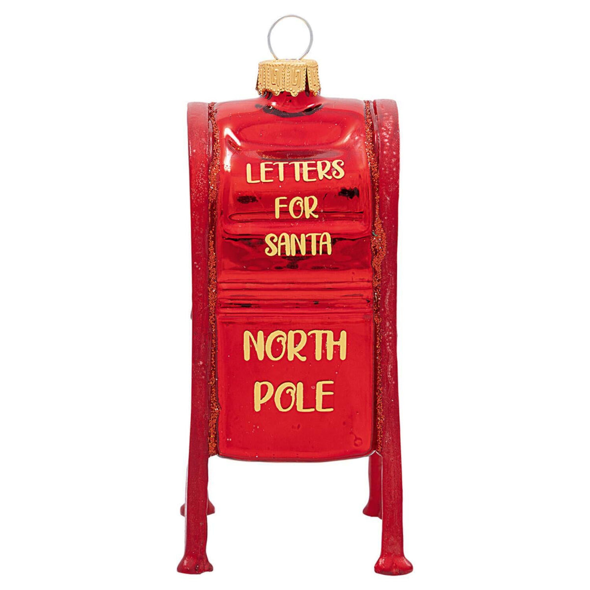 Rotes Glasornament „Postbox“ mit Schriftzug „LETTERS FOR SANTA“ und Aufhängeschlaufe