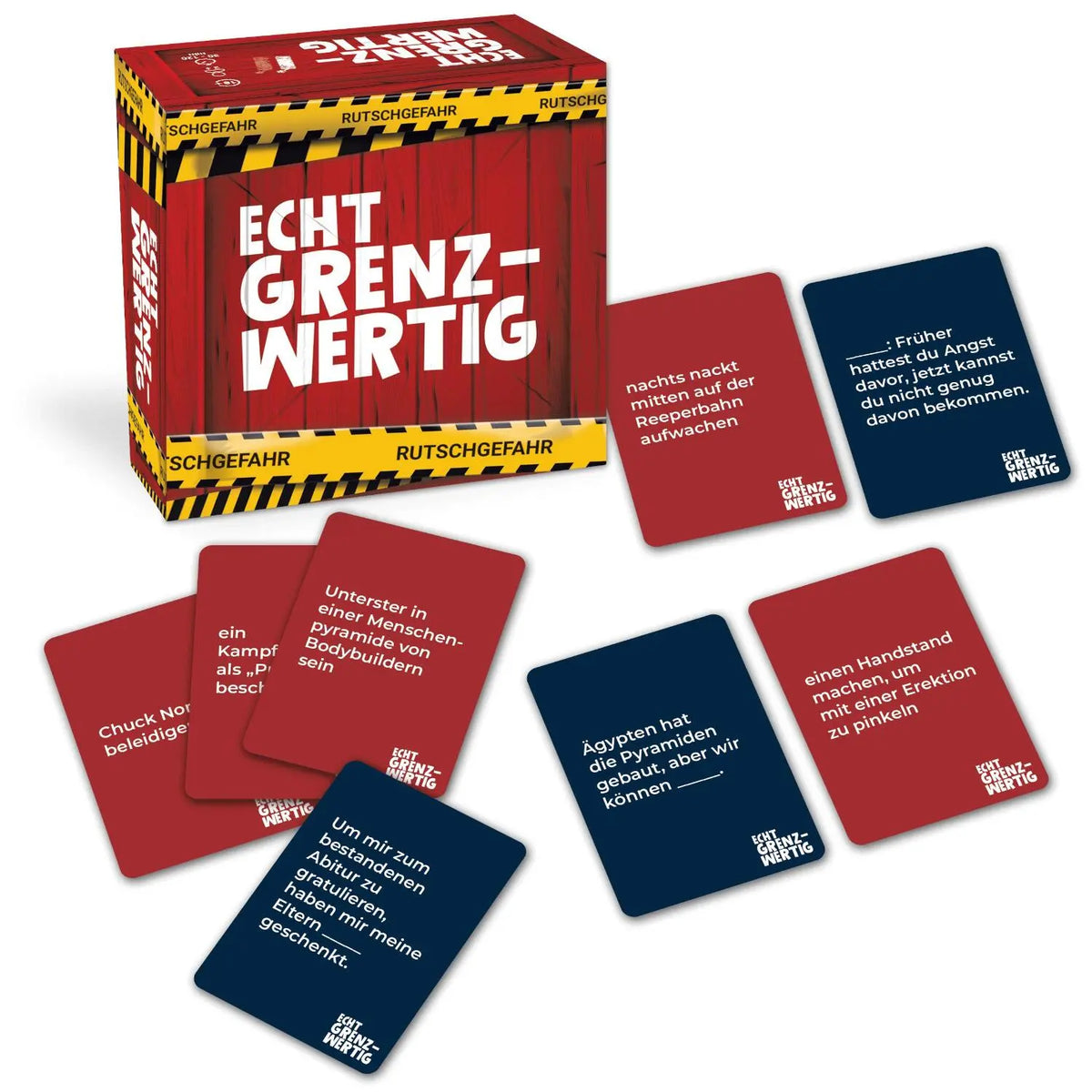 Gesellschaftsspiel-Box mit roten und blauen Karten im Set, Warnrand am Karton