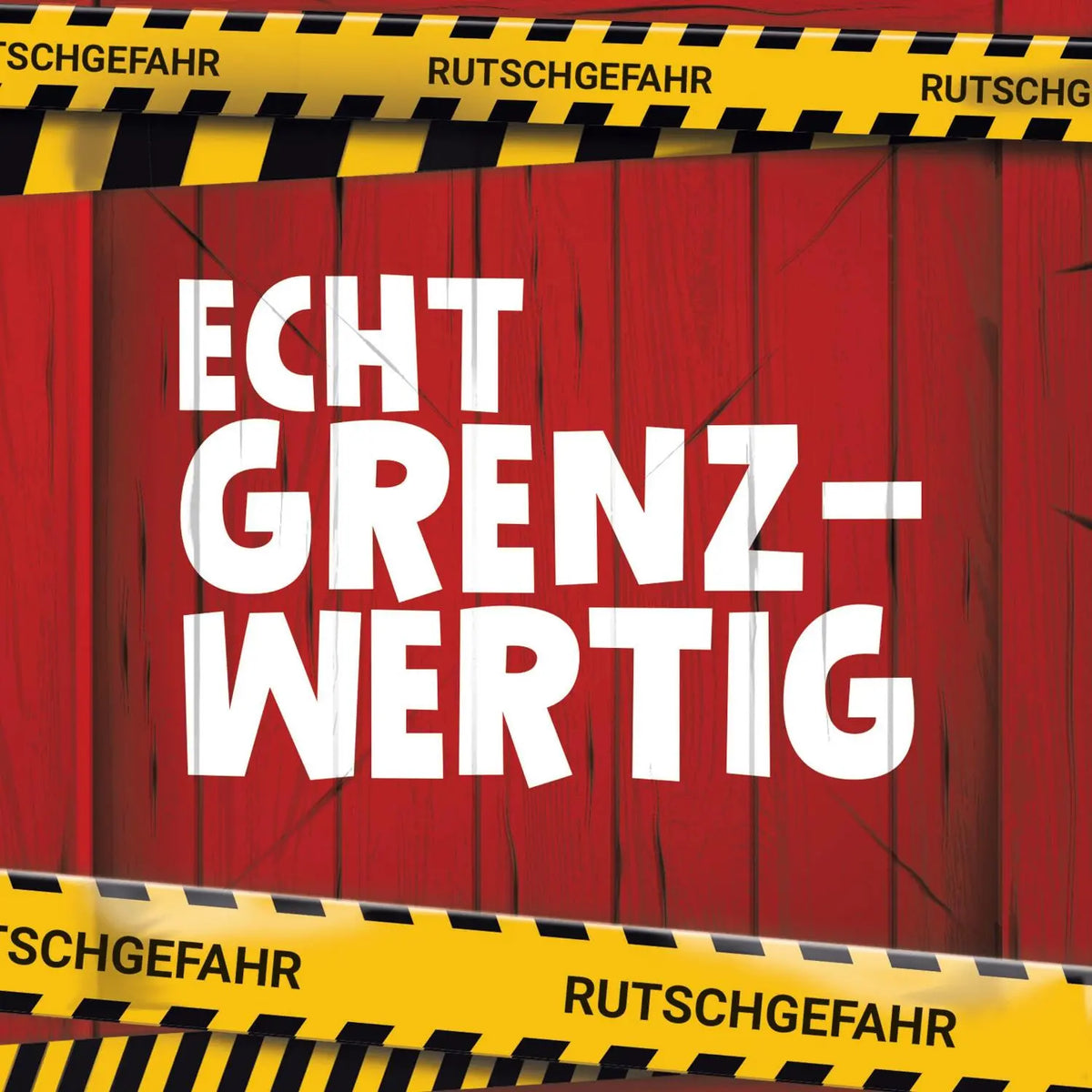 Gesellschaftsspiel-Box, rotes Design mit großem Schriftzug und Warnband