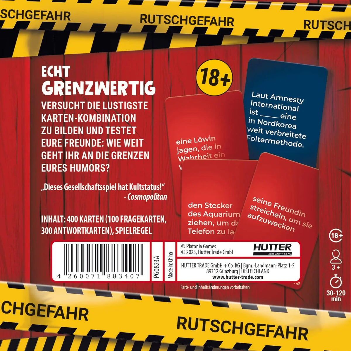 Rückseite der Spielbox mit Inhaltsangaben, Altersfreigabe 18+ und Herstellerhinweisen