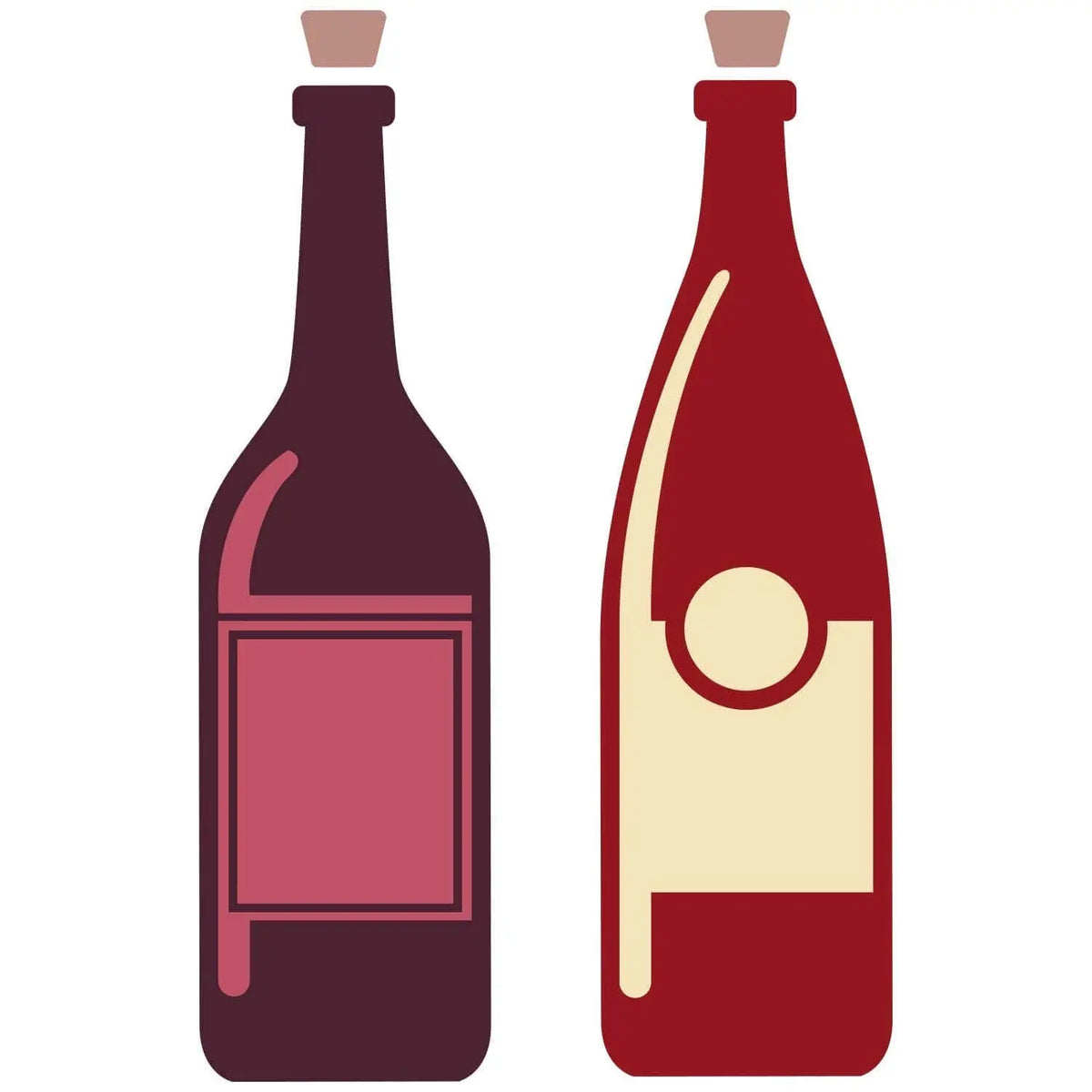 Zwei Weinflaschen-Illustrationen, dunkelrot und rot, mit braunem Flaschenhals