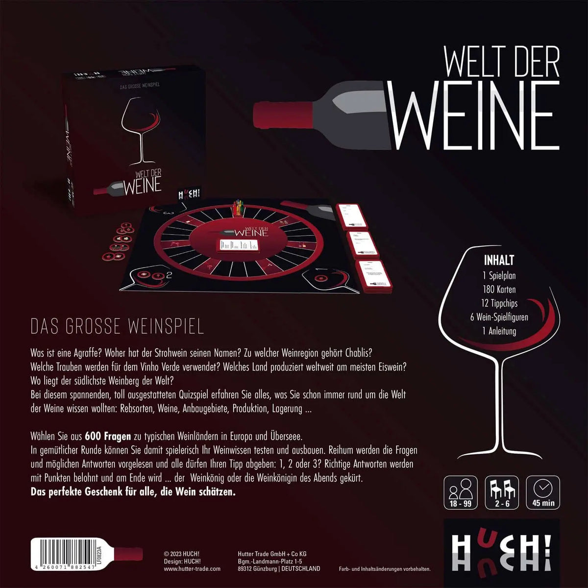 Spielverpackung „WELT DER WEINE“ mit Weinmotiv, Spielplan und Flasche im Layout