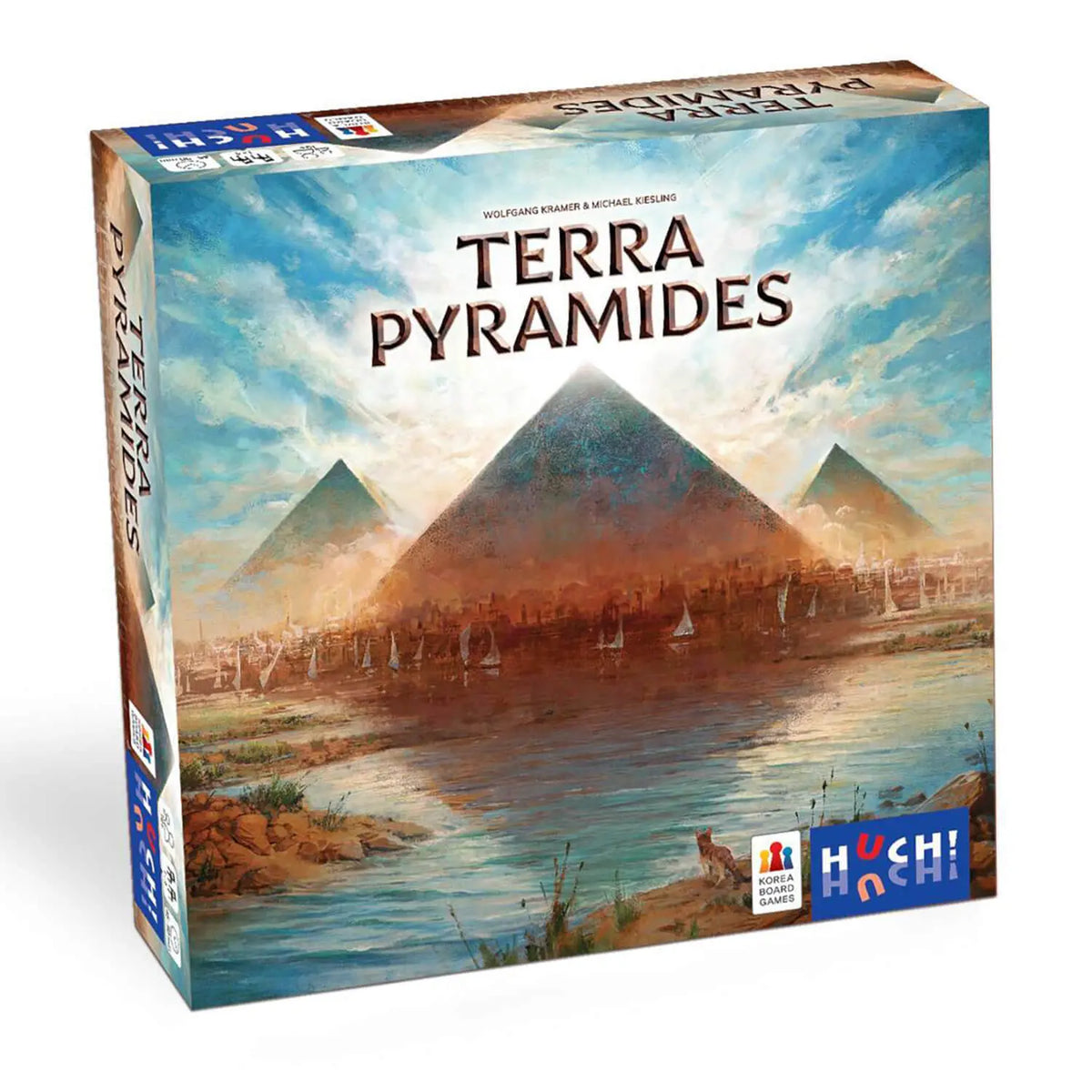 Brettspiel-Box Terra Pyramiden mit Pyramidenlandschaft und HUCH! HUCH!-Logo