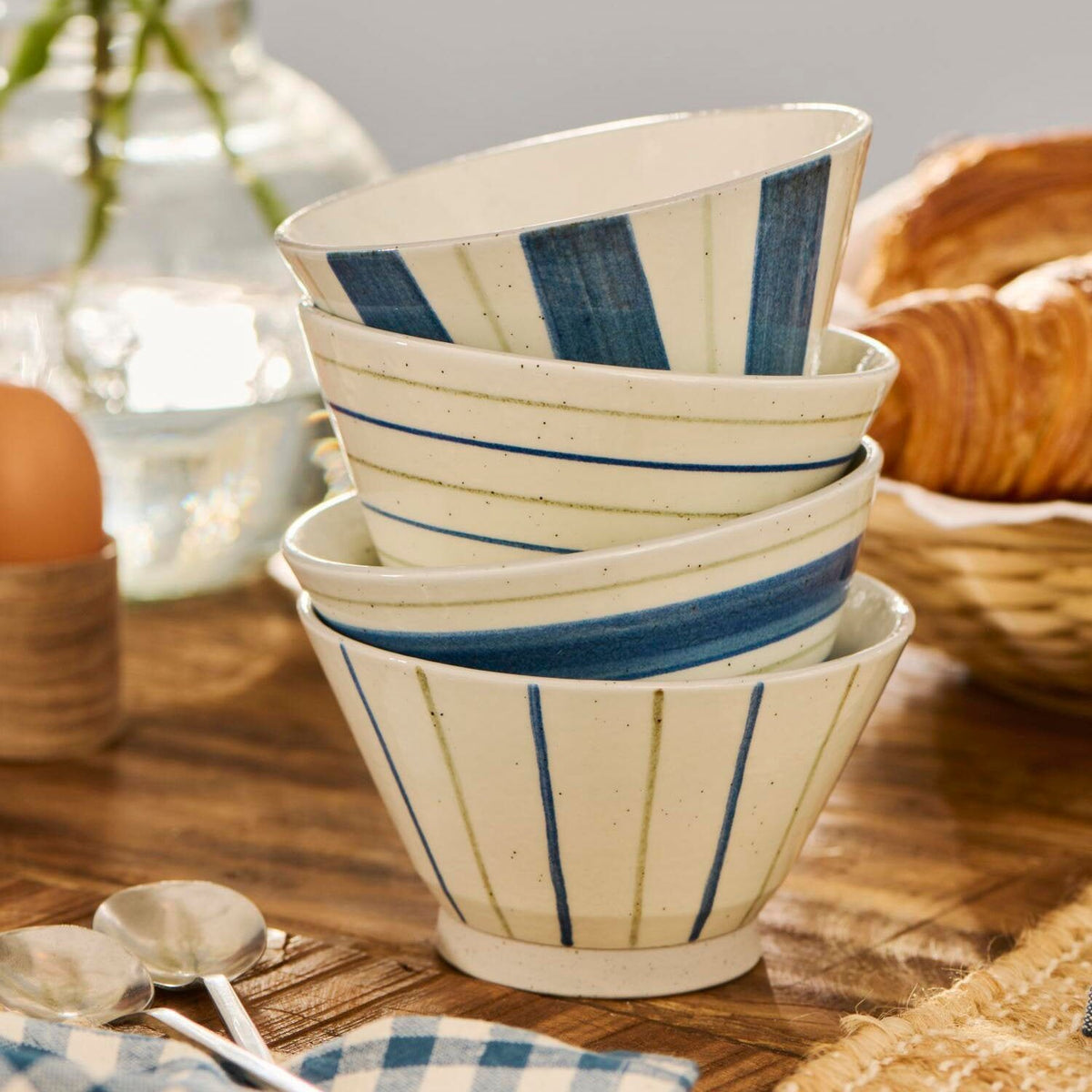 Schale "Nordby - Streifen quer schmal - 12x7 cm (Natur/Blau/Grün)