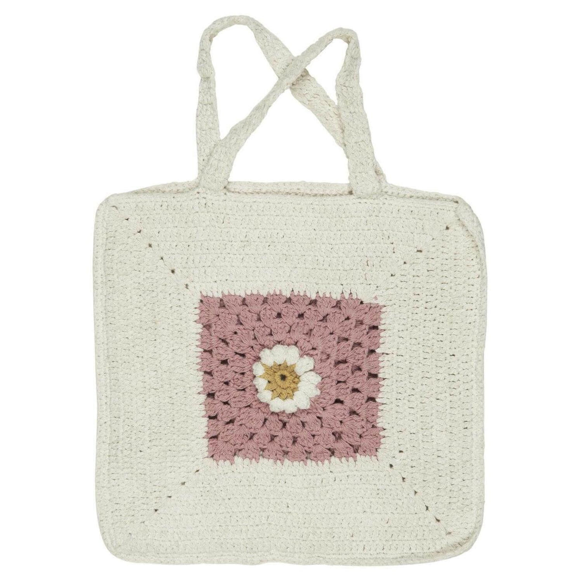 Gehäkelte Tasche mit Blume - 40x40 cm (Coral Almond/Butter Cream)
