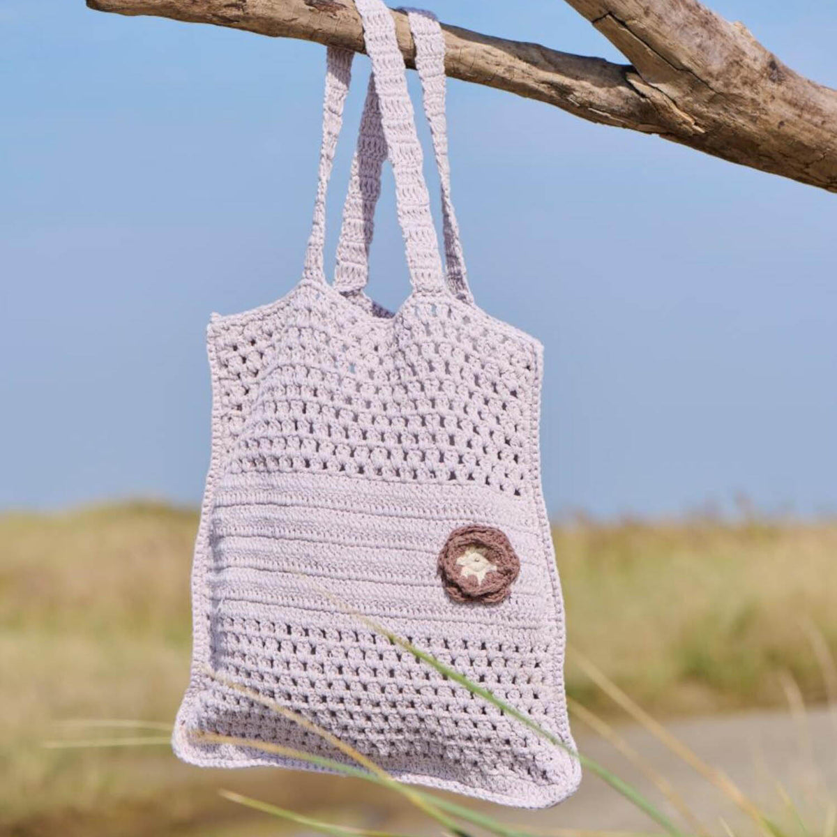 gehäkelte Tasche - 40x40 cm (Rosa/Braun/Natur)