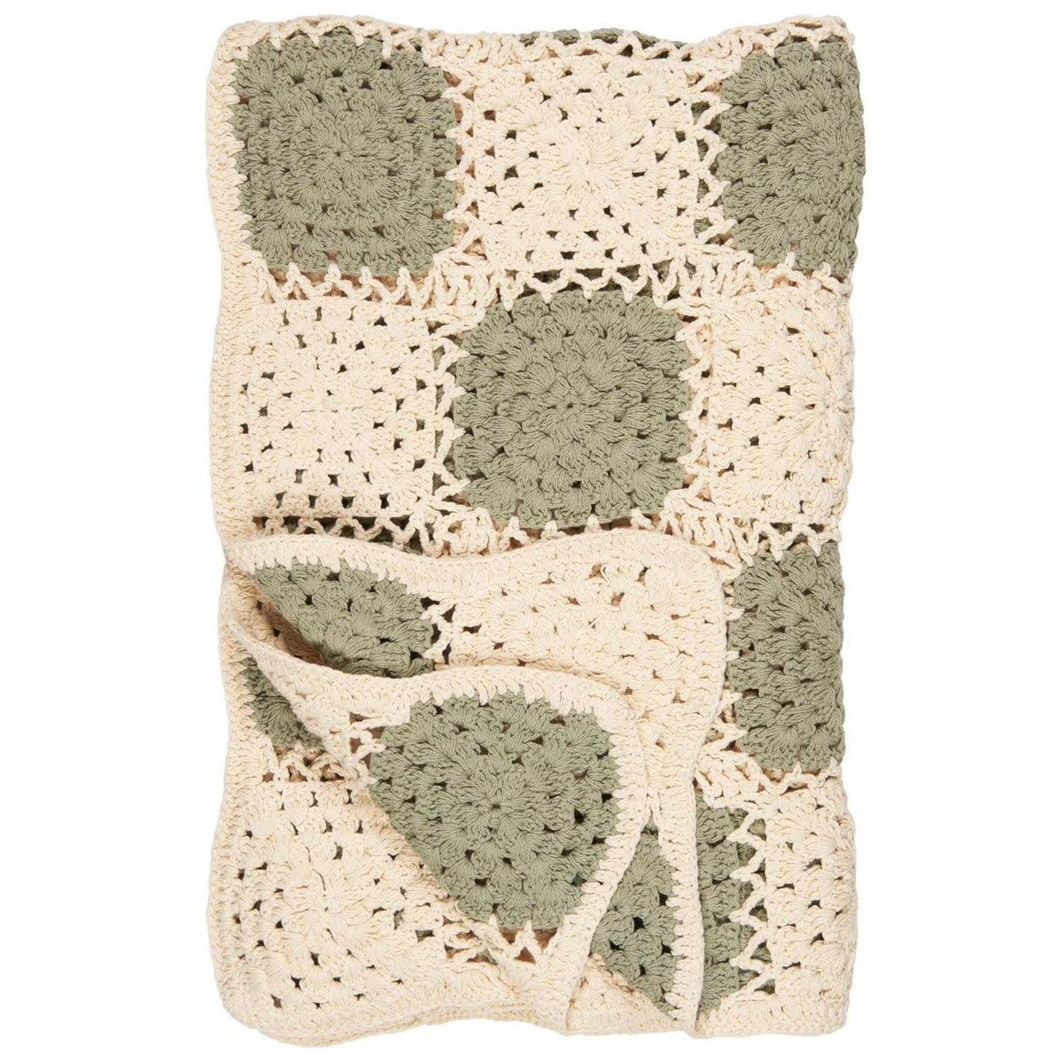 gehäkeltes Plaid - 130x170 cm (Creme/Grün)