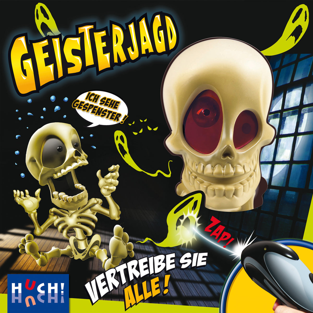 Spielbox-Detail: Totenschädel mit roten Augen und Zapper-Illustration