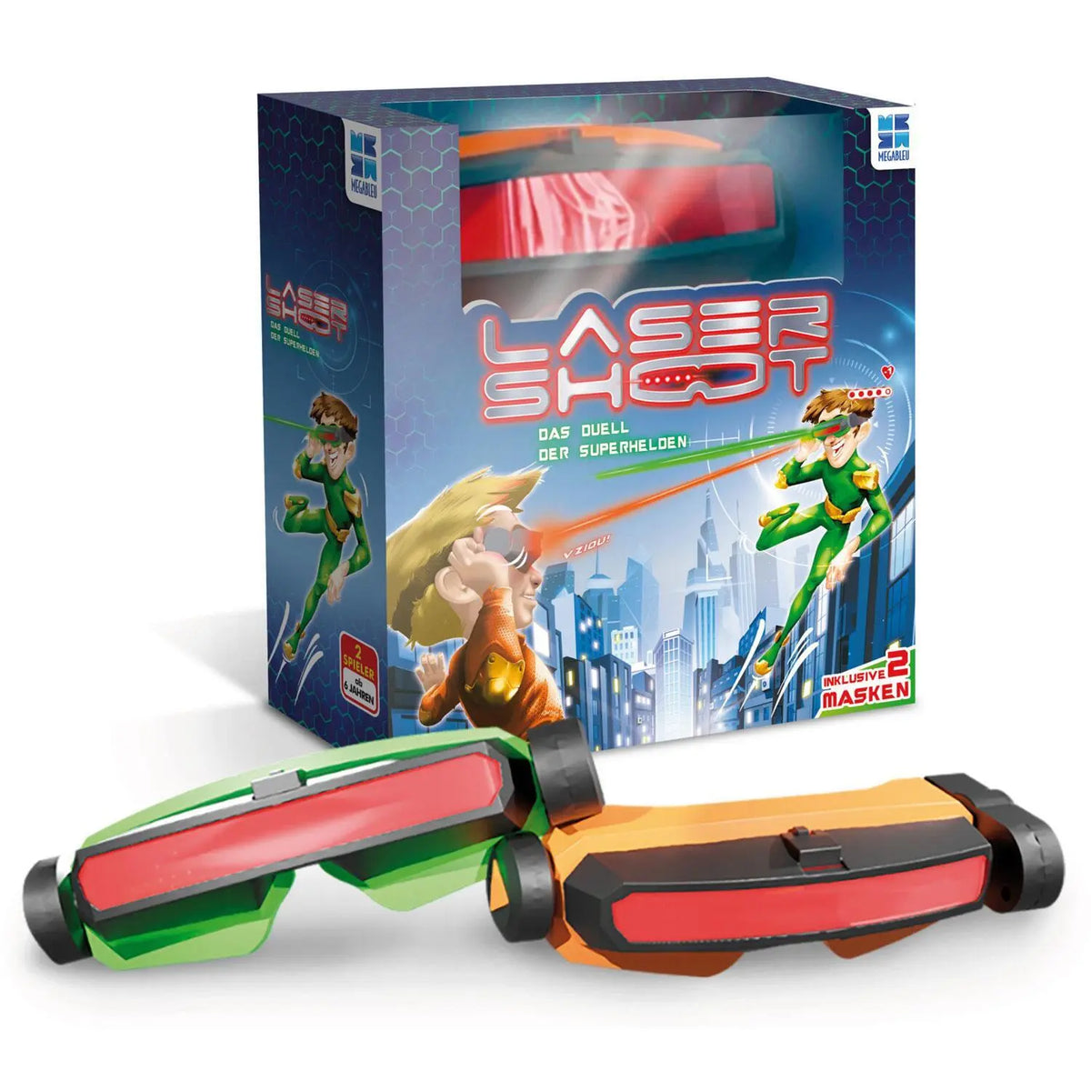 Laser-Blaster-Set: zwei farbige Blaster neben der Spielbox