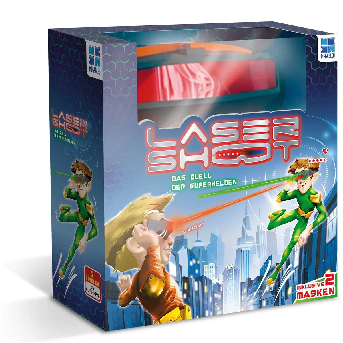 Spielbox „LASER SHOOT“ in Blau, mit Heldenfiguren und „inklusive 2 Masken“