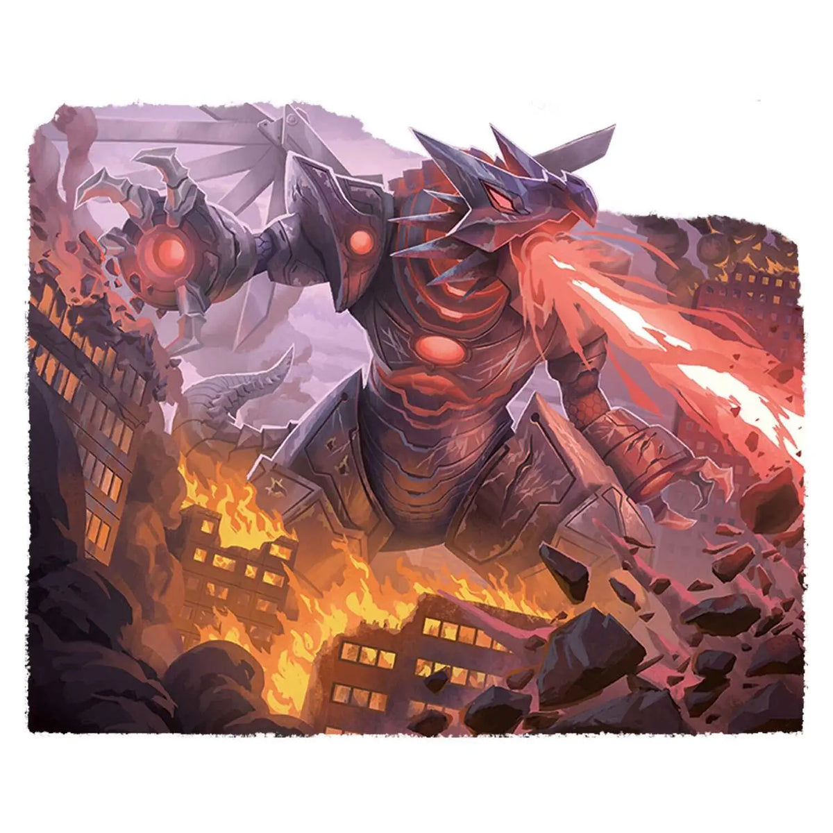 Spielkarten-Artwork: rotes Monster mit leuchtenden Augen über einer brennenden Stadt