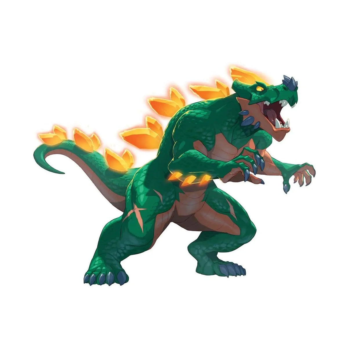 Monster-Figur-Illustration: grüner Drache läuft mit orangefarbenen Flammen