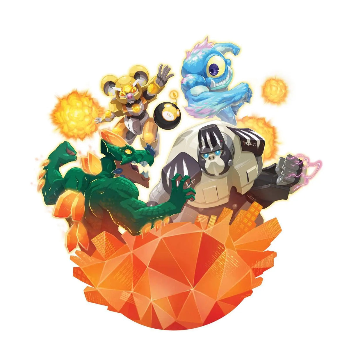 Monster-Figuren-Illustration auf orangefarbenem Boden: Roboter, Drache, Seewesen, Katze