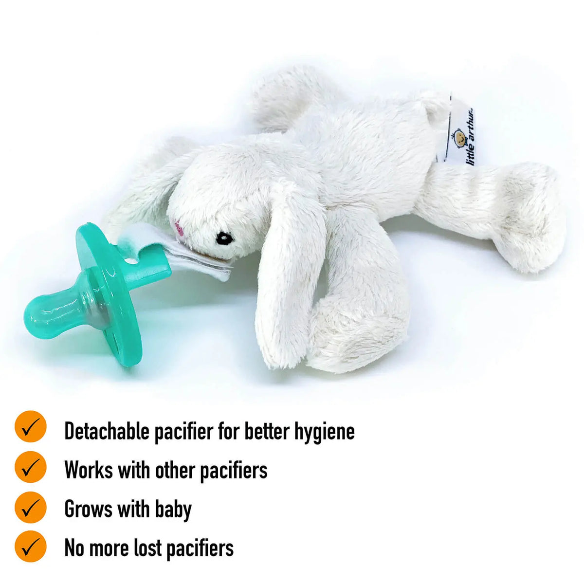 Hasen-Plüsch-Teddyschnuller mit grünem Schnuller, weißes Kuscheltier auf hellem Hintergrund