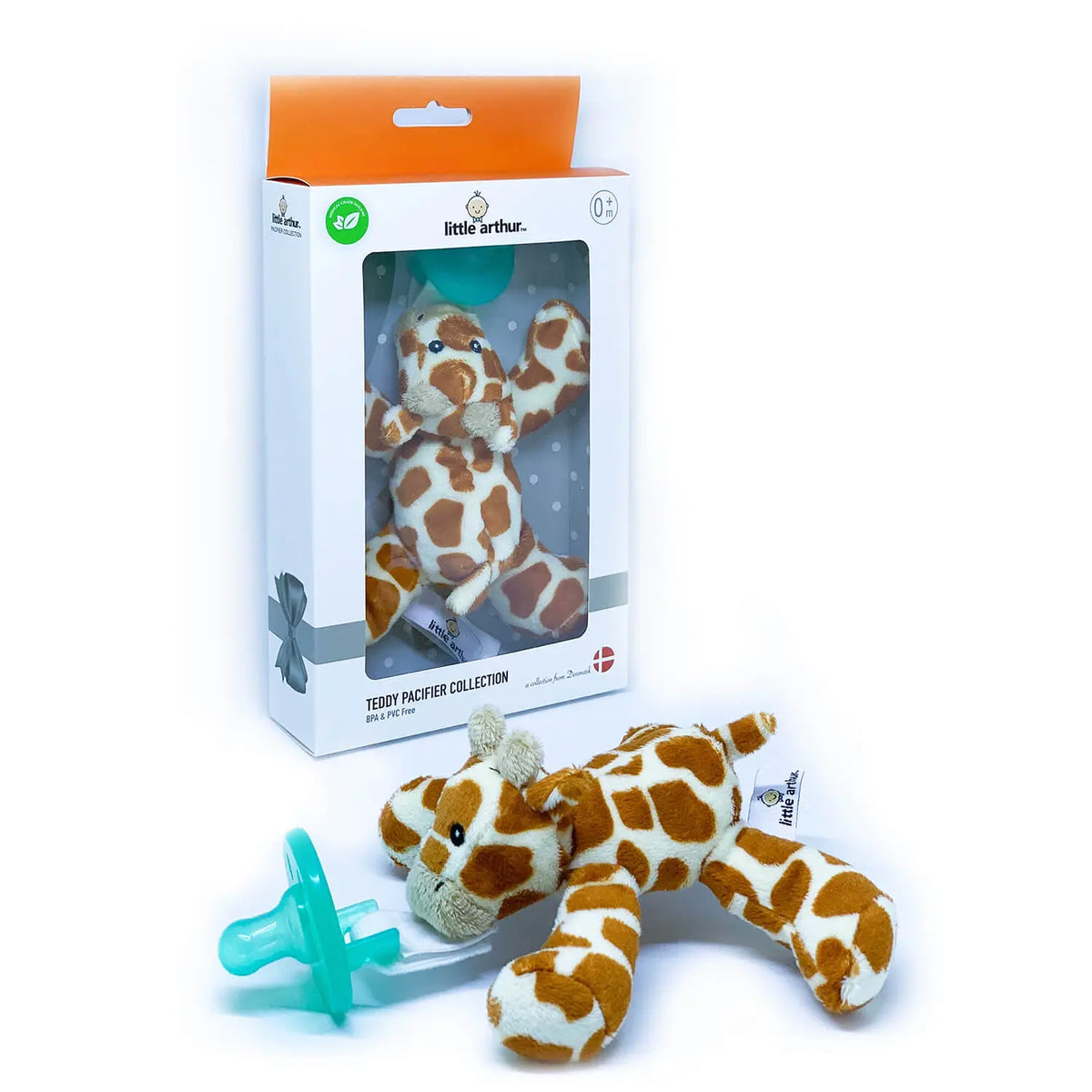 Plüsch-Giraffe mit Schnuller im Karton, braun-weiß gemustert