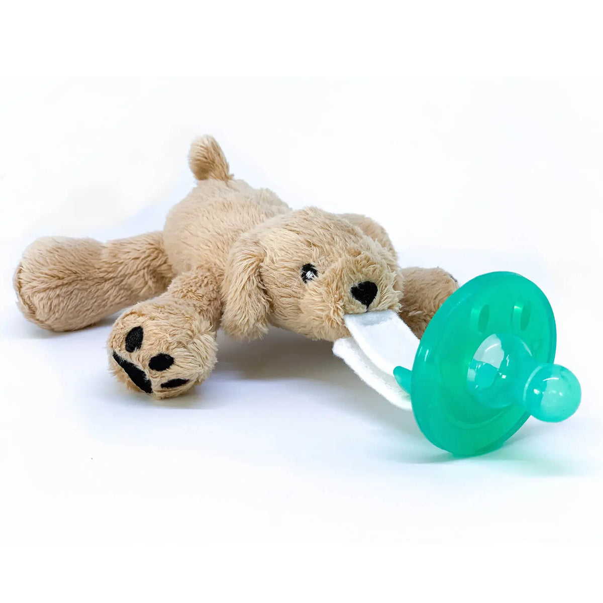Plüsch-Hund mit Schnuller, beiges Teddyfell, grüner Sauger