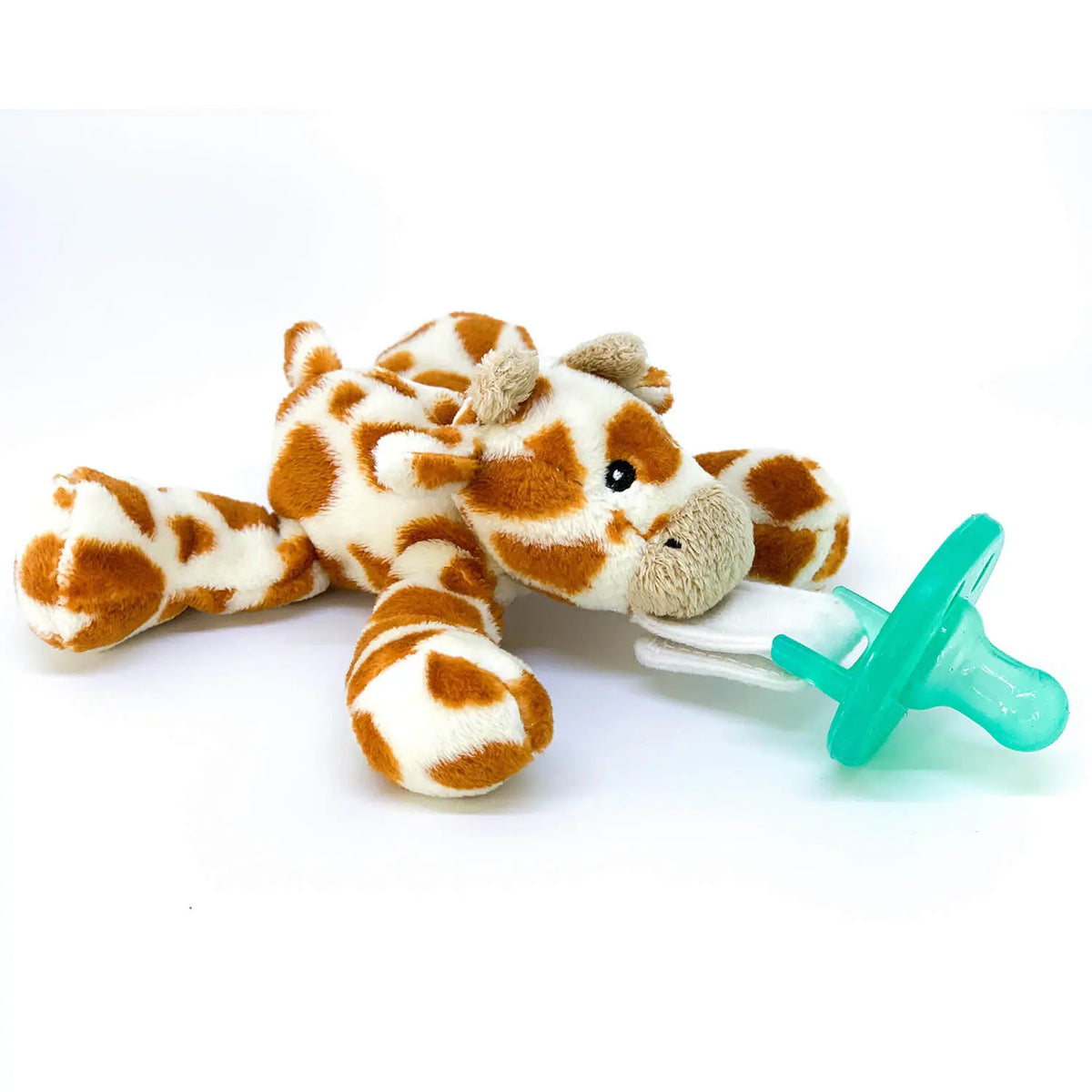 Plüsch-Schnuller-Giraffe mit türkisfarbenem Sauger, seitlich ausgerichtet