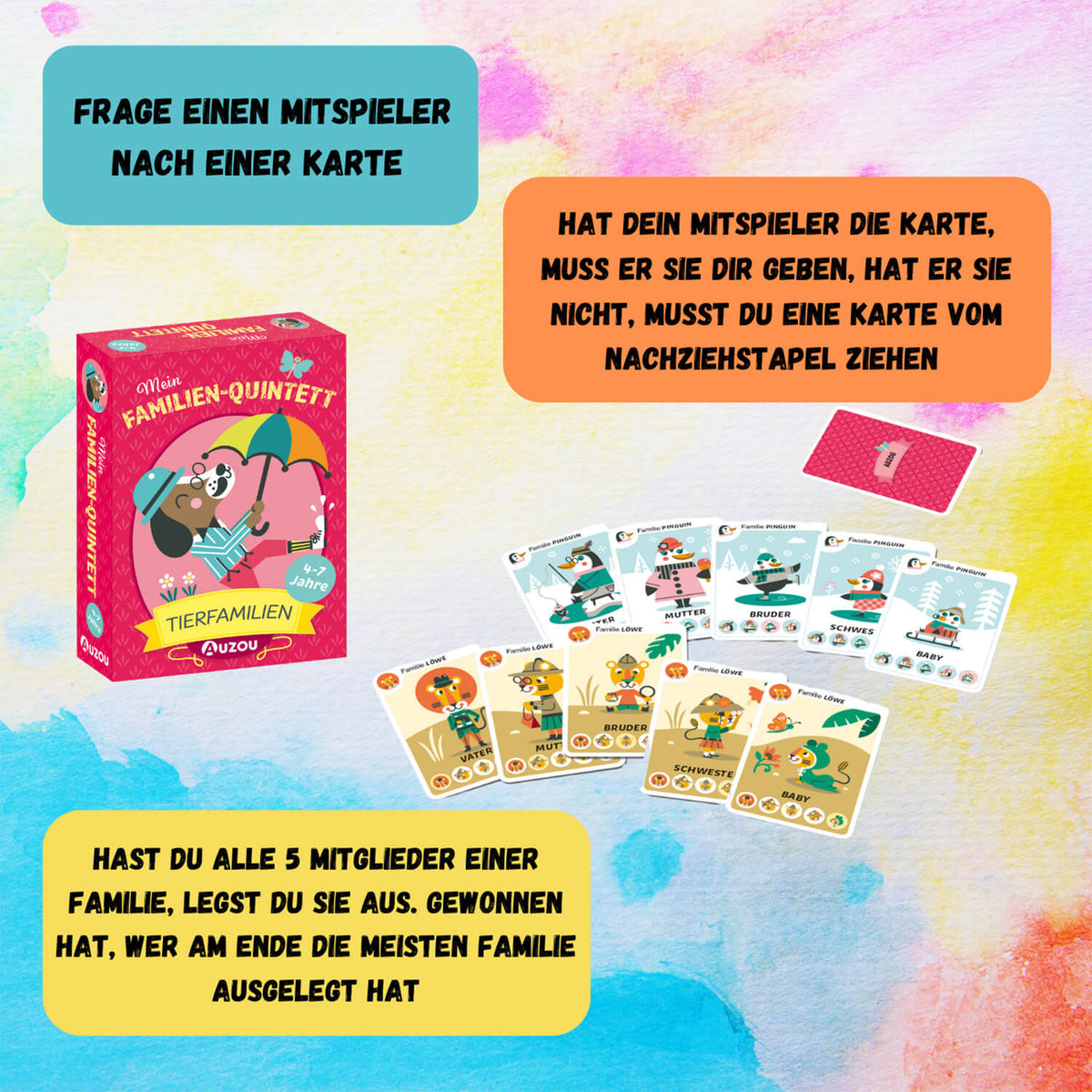 Familien-Quintett Kartenspiel: Spielschachtel und Tierkarten mit Stapel