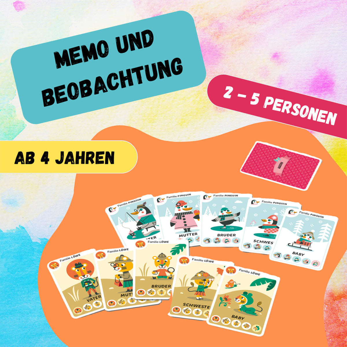 Familien-Quintett Karten-Set mit Tiermotiven, Karten in Reihen