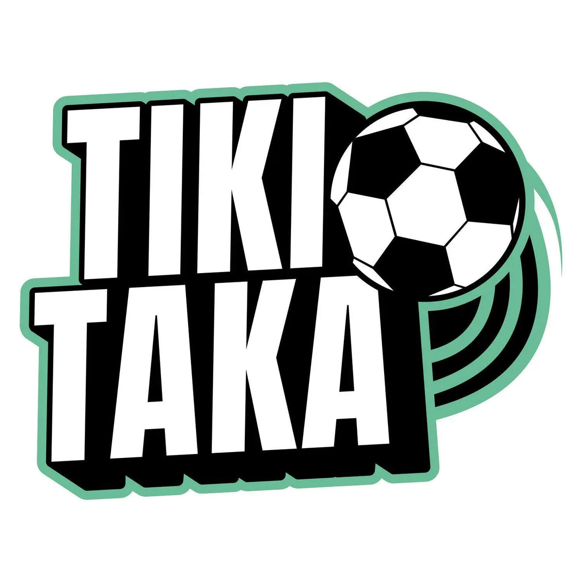 Fußball-Logo Tiki Taka: schwarzer Schriftzug mit Fußball und grünem Umrandungsring