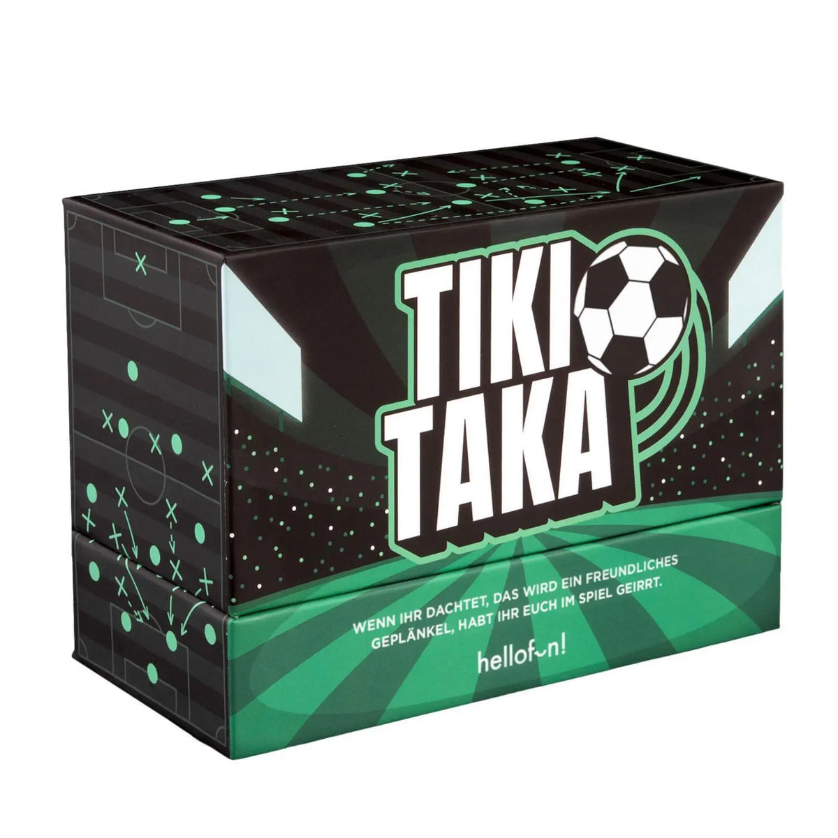 Fußball-Kartenspiel-Packung mit Tiki-Taka-Logo in Schwarz und Grün auf schwarzer Box