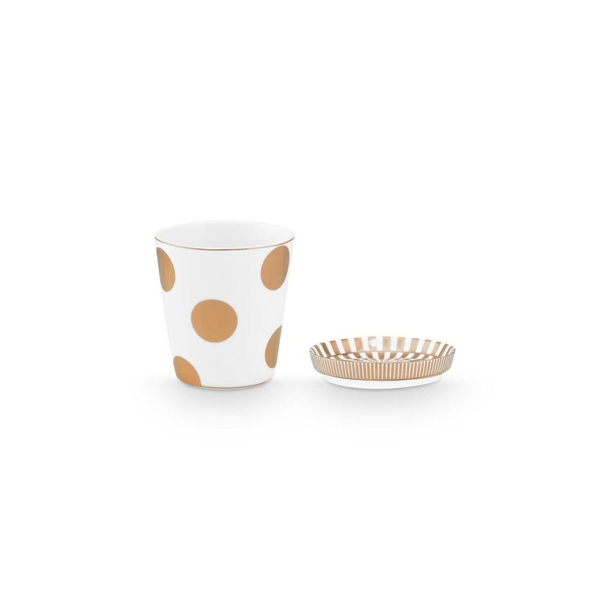 Set aus Becher mit Teebeutel-Ablageteller "Dot Delight" - 16x16 cm (Weiß/Gold)