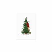Aquarellkarte mit Mädchen am Leiter vor grünem Tannenbaum, rote Kleidung, Sternchen