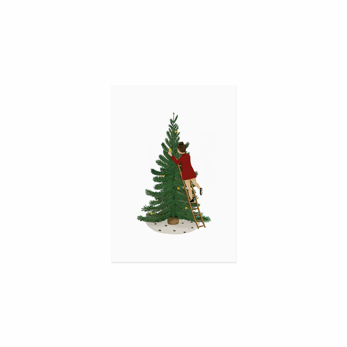 Aquarellkarte mit Mädchen am Leiter vor grünem Tannenbaum, rote Kleidung, Sternchen