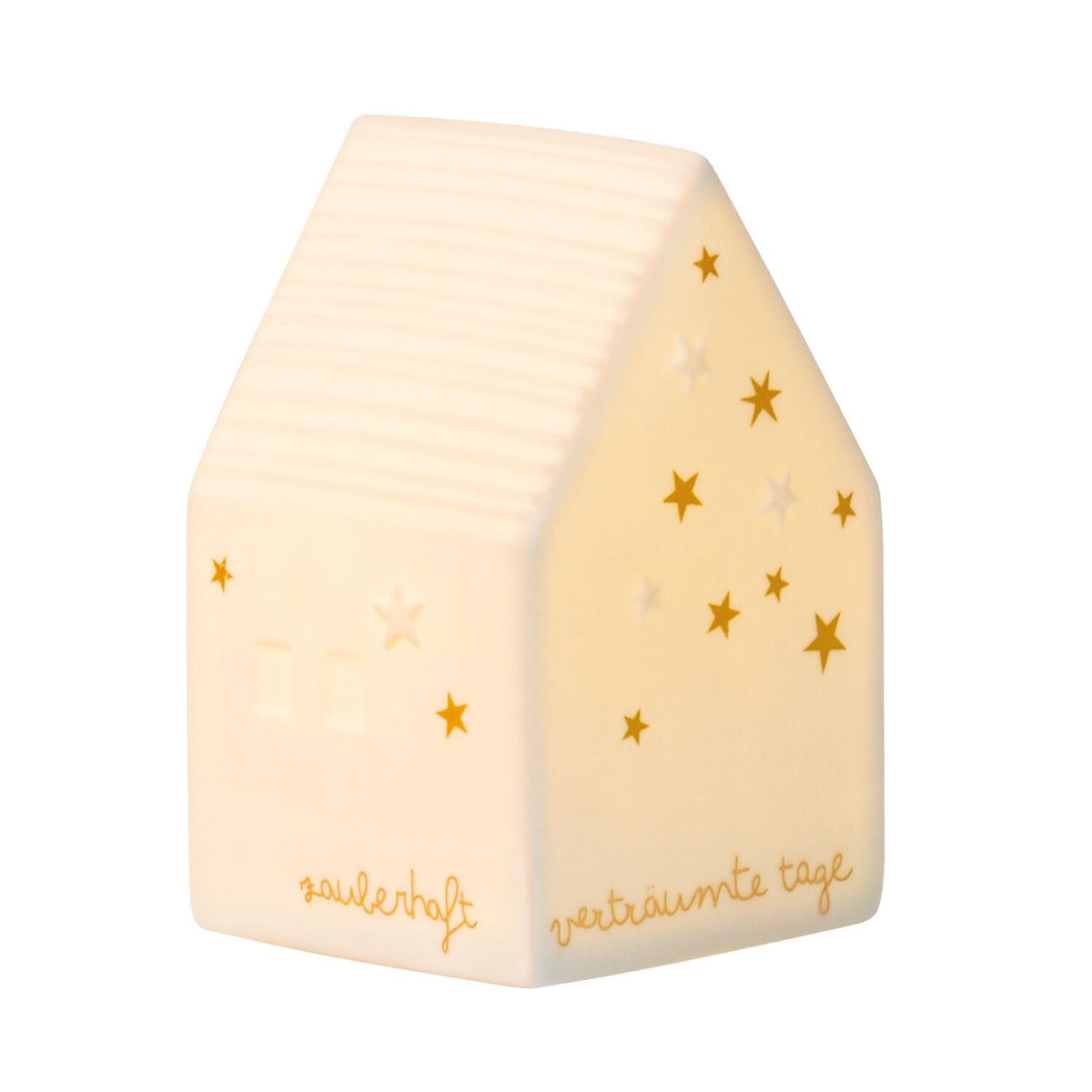 LED Häuschen "Zauberhaft" - 5x5x8 cm (Weiß/Gold)