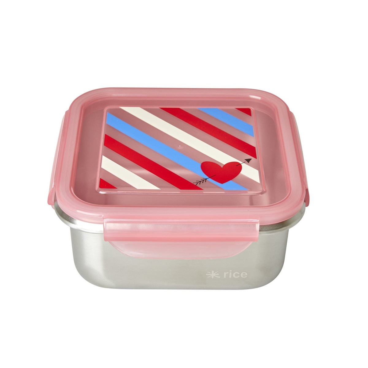 Quadratische Lunchbox aus Edelstahl mit rosa Deckel, Streifen-Design und Herz