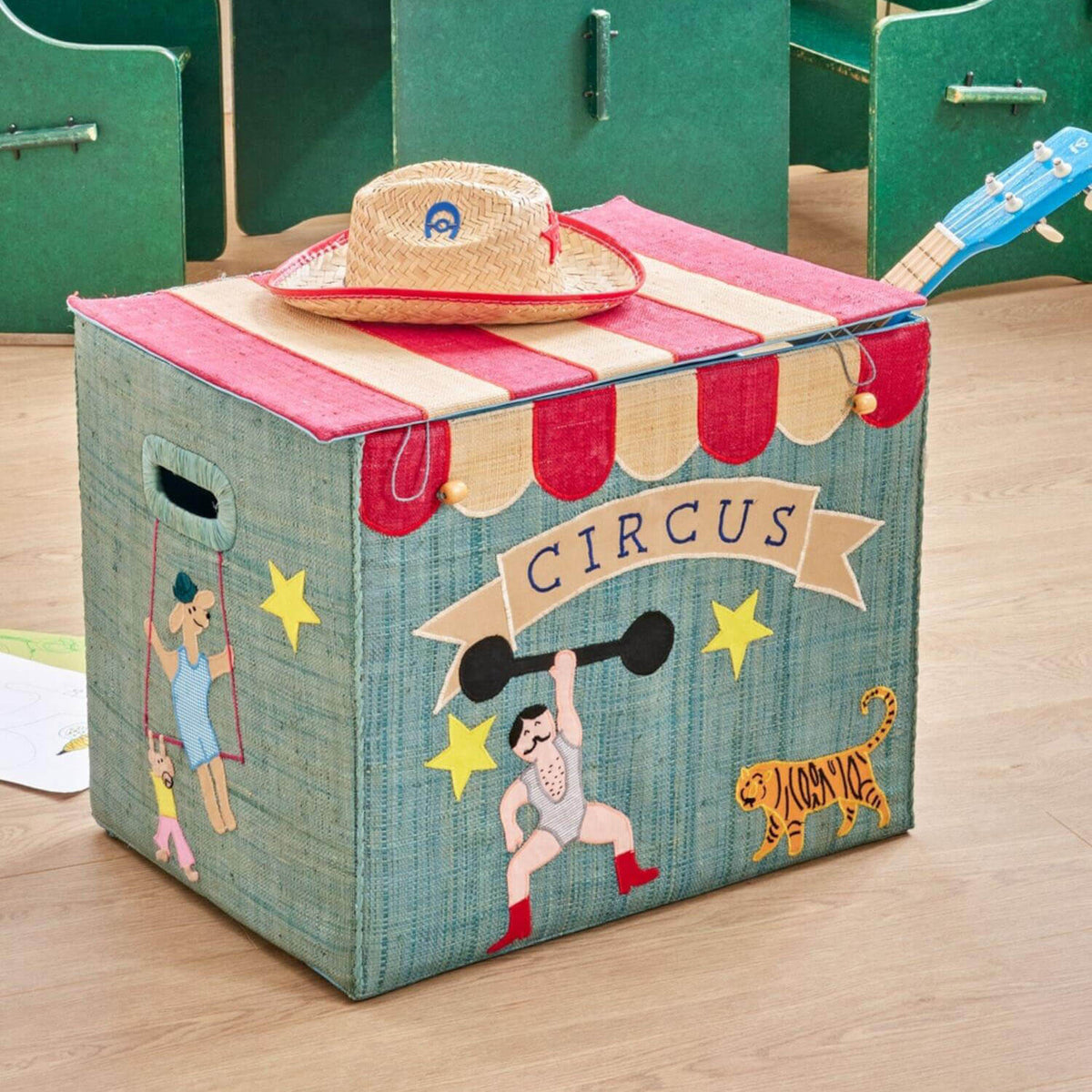 Spielzeugkiste aus Raffia "Circus" - Extragroß (Hellblau/Bunt)