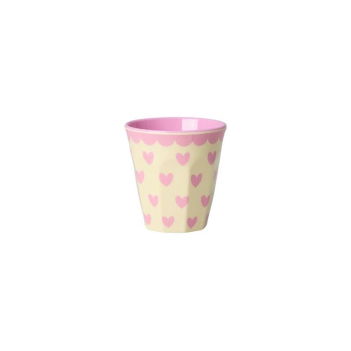 Melamin-Espressobecher mit rosa Herz-Mustern, rosafarbener Innenrand, helle Außenfläche