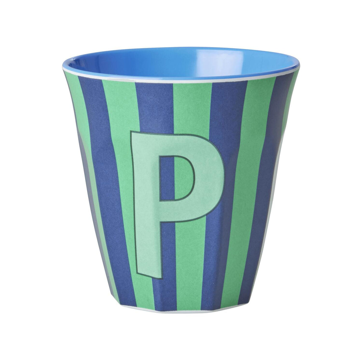 Melamin Becher mit Streifen "Buchstabe P" - Medium (Hellgrün/Dunkelblau)
