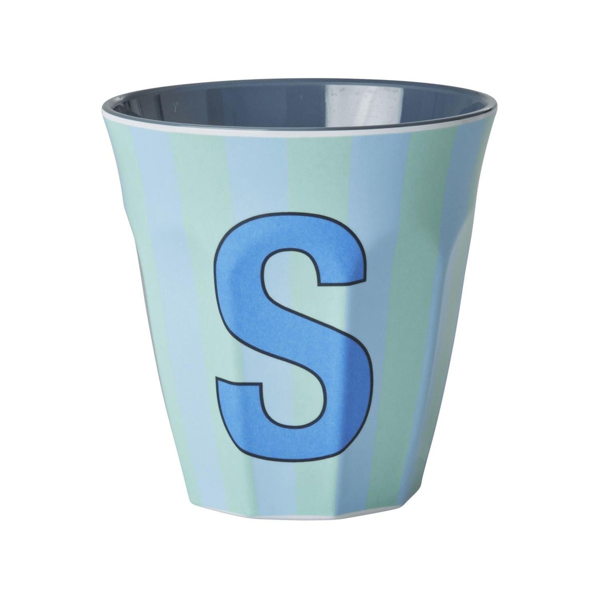 Melamin Becher mit Streifen "Buchstabe S" - Medium (Hellblau/Gelb)
