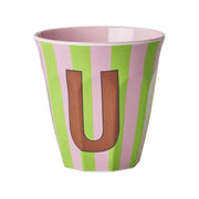 Melamin Becher mit Streifen "Buchstabe U" - Medium (Rosa/Hellgrün)