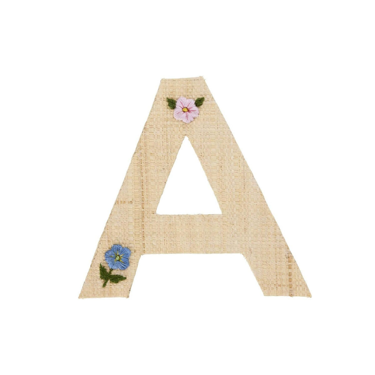Bast-Buchstabe A aus Baststoff mit Blumenstickerei und Schmetterling