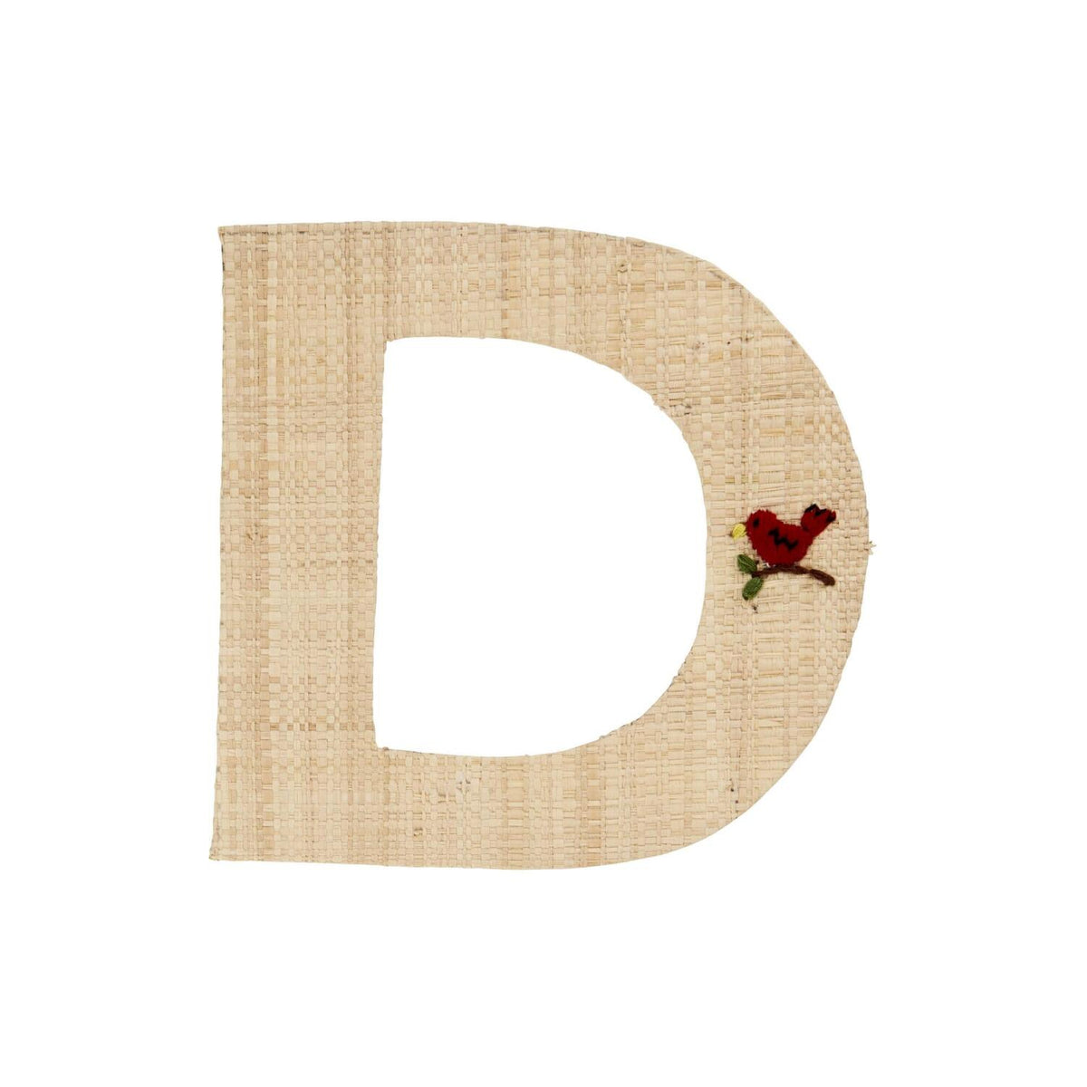 Bast-Buchstabe D aus Baststoff mit roter Käfer- und Insektenstickerei