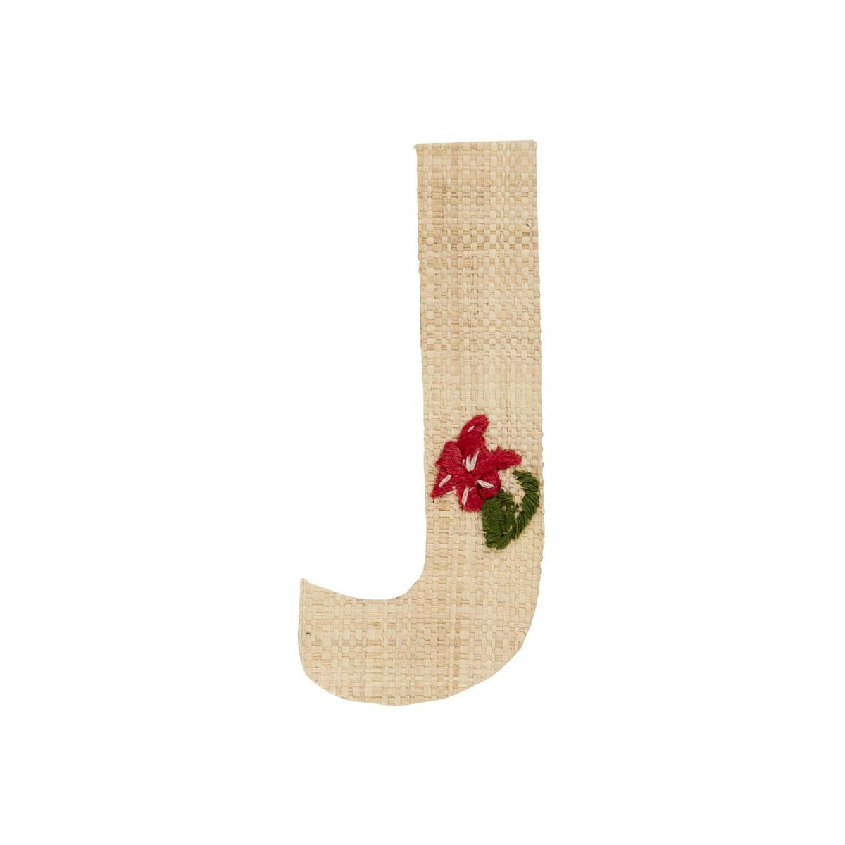 Bast-Buchstabe J aus Baststoff mit roter Blume und grünen Blättern
