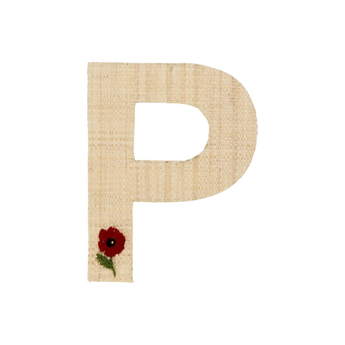 Buchstaben-Sticker aus Bast: P in Naturton mit roter Blume und Marienkäfer