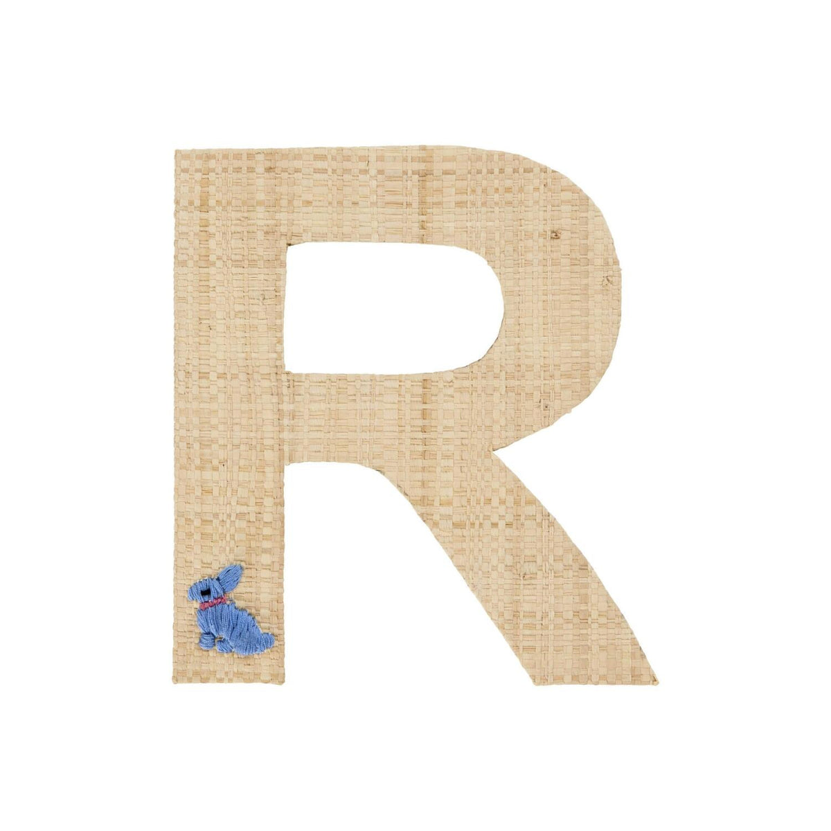 Buchstaben-Sticker aus Bast: R in Naturton mit blauem Schmetterling