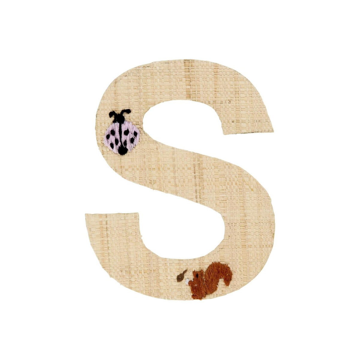 Buchstaben-Sticker aus Bast: S in Naturton mit Schmetterlings- und Tiermotiv