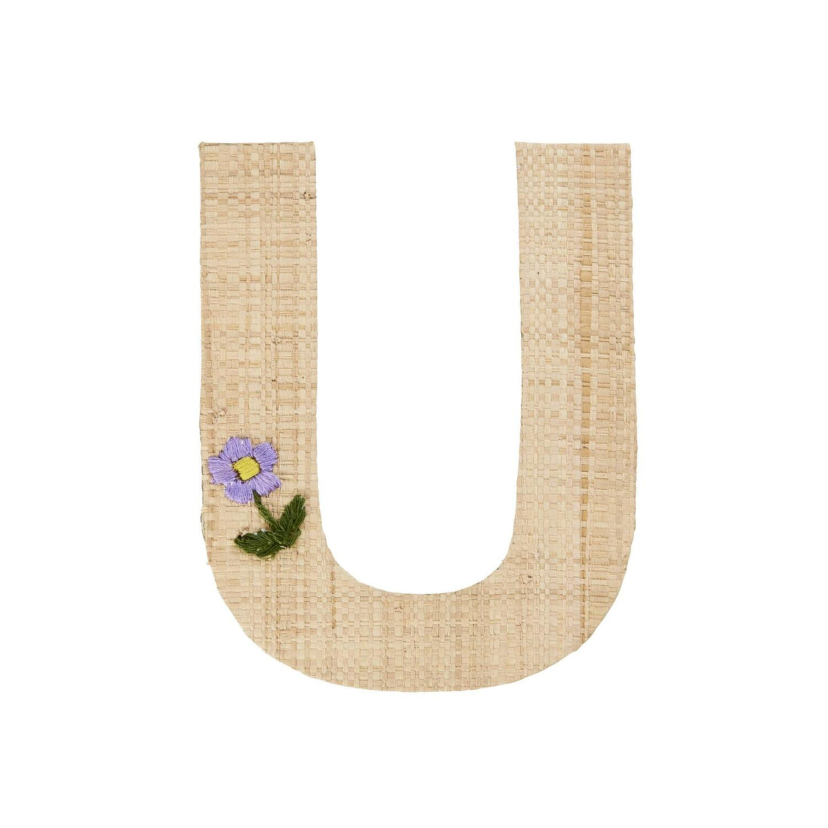 Buchstaben-Sticker aus Bast: U in Naturton mit lila Blüte und grünen Blättern